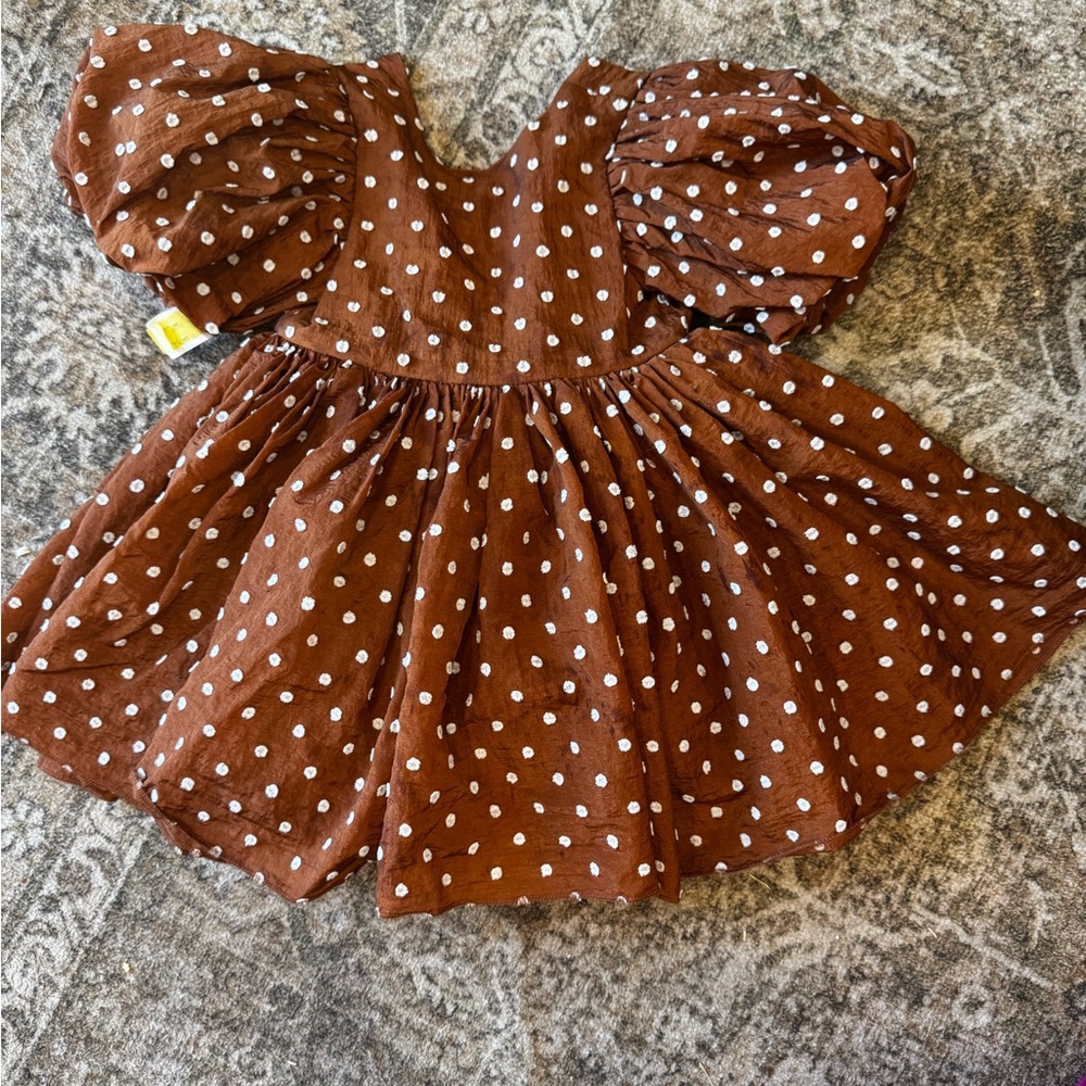 Brown Polka Dot Dress with Puff Sleeves
